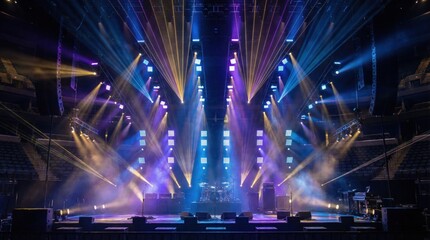 Vibrant Concert Stage With Spectacular Blue And Purple Spotlight Beams Radiating Through Hazy Atmospheric Smoke Inside A Dark Indoor Arena