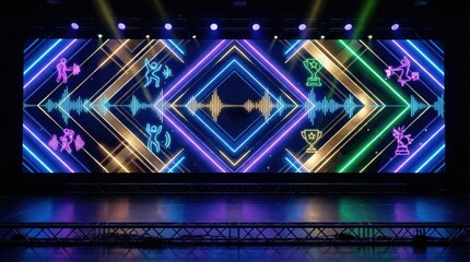Vibrant Esports Stage With Large Led Screen Displaying Symmetrical Neon Diamond Patterns And Digital Audio Waves In Blue Purple And Gold