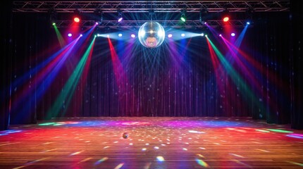 Vibrant Empty Theater Stage With Shiny Disco Ball Hanging From Ceiling Casting Colorful Beams Of Red Blue Green Light On Polished Wooden