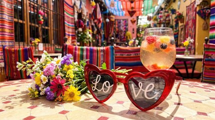Vibrant Outdoor Cafe Scene With Bouquet Of Flowers Red Heart Sunglasses And Fruity Drink On A Table With Colorful Textiles Decor
