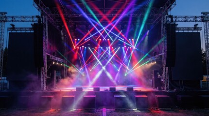 Vibrant Outdoor Concert Stage At Night With Multicolored Laser Light Beams Shining Through Haze On Metal Truss Structure Under Dark Blue