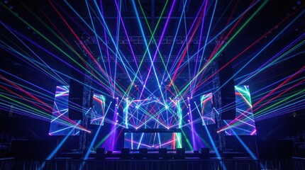 Vibrant Multi Colored Laser Light Show On A Professional Concert Stage With Neon Blue Purple And Green Beams Crossing In A Dark Event Venue