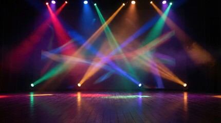 Vibrant Multicolored Spotlights Crossing Over An Empty Dark Stage With Haze And Reflective Floor Under Bright Red Blue Green And Yellow