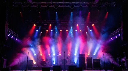 Vibrant Red And Blue Spotlight Beams Illuminate An Empty Concert Stage With Drum Kit And Speaker Stacks Amidst Thick White Haze And Smoke