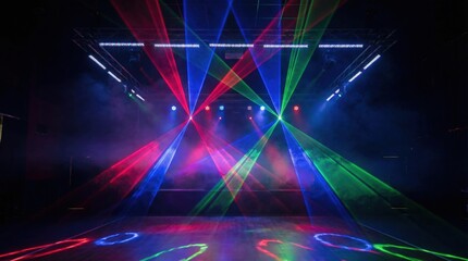 Vibrant Red Green and Blue Laser Beams Crossing on a Dark Stage with Haze and Atmospheric Smoke in a Nightclub Setting for Party Events