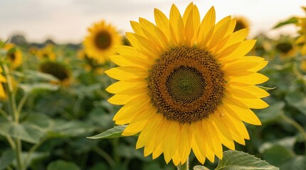 Vibrant Yellow Sunflower Bloom In A Scenic Rural Field Under Warm Golden Hour Sunlight With Blurred Greenery And Soft Sky In The Background