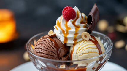 Decadent chocolate and vanilla ice cream sundae lavishly topped with raspberry and caramel