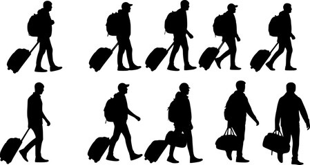 Fototapeta premium silhouettes of people walking , Silhouettes of people walking with luggage and bags travel on transparent background , no background