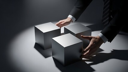 Businessman arranging blocks in a strategic formation