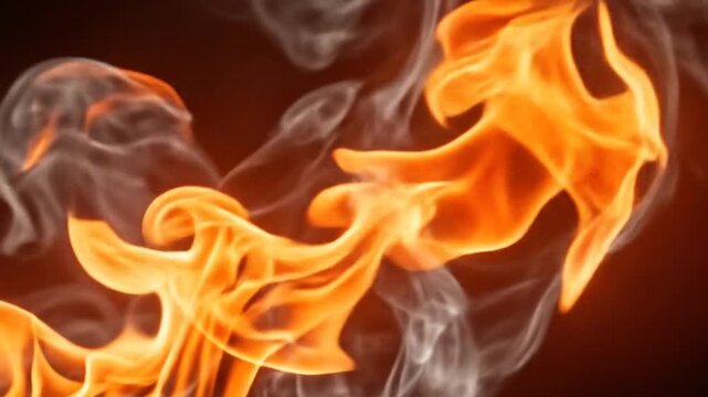 Vibrant flames dancing amidst swirling smoke against a dark red background in a captivating illustration