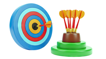 Dart hitting center of target with darts in holder