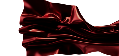 Luxurious burgundy satin fabric with beautiful folds and movement, isolated on white background, per