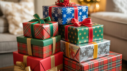 A vibrant stack of festive christmas gifts wrapped in colorful papers and ribbons