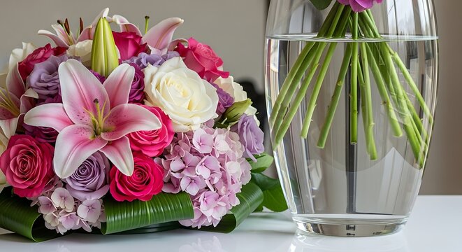 Floral arrangement displaying roses, lilies, and hydrangeas in clear vase