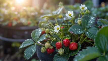 Vibrant strawberry plant with ripe red fruit and delicate white blooms in morning light