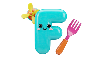 Cute Cartoon Letter F with Fan and Fork