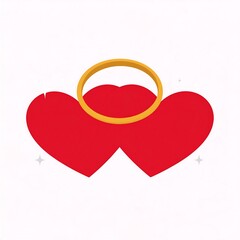 Interlocked red hearts topped with a gold ring on a plain white background
