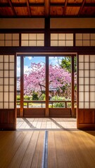 Interior view through a paper screen door to a blooming cherry tree in a Japanese garden