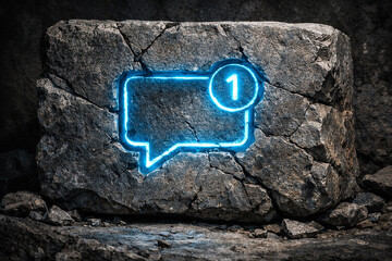 A glowing blue speech bubble with notification icon on a rugged stone surface in a dark environment