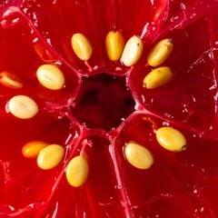 Intimate close-up of a vibrant red fruit section showcasing yellow seeds arranged in a circular, star-like pattern