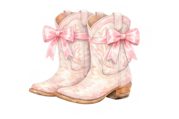 Pink watercolor cowboy boots decorated with delicate bows, evoking a sweet and charming feminine aesthetic. Transparent background