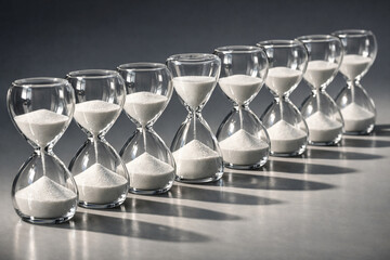 A row of hourglasses with sand flowing through them sit on a reflective surface, viewed from a slightly elevated angle
