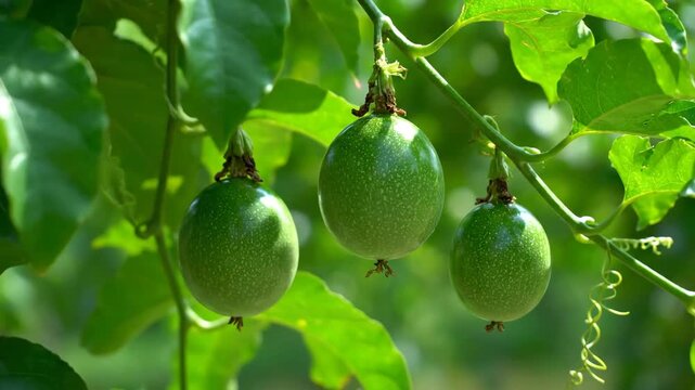 Fresh green passion fruit cluster hanging on healthy vine organic farming