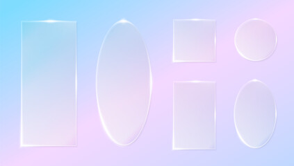 Glossy glassmorphism interface with frosted 3D buttons and panels. Transparent geometric UI glass morphism frame set for app, game or web design. Modern digital vector blur and light reflection effect