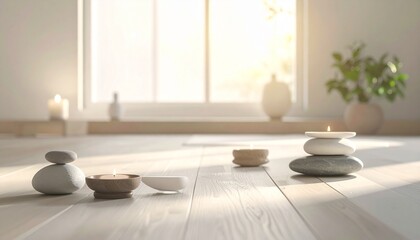 Peaceful yoga practice in a calm and minimal environment, focused on balance, mindfulness and body awareness. Ideal for wellness, healthy lifestyle, meditation, yoga studios, and mindfulness concepts.