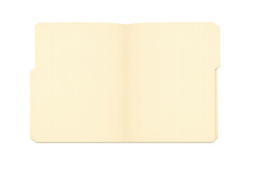 Open manila file folder with blank document space, empty beige paper for text and information on transparent background