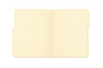Open manila file folder with blank document space, empty beige paper for text and information on transparent background
