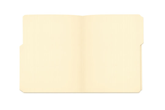 Open manila file folder with blank document space, empty beige paper for text and information on transparent background