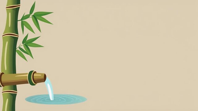 Minimalist illustration of a bamboo water feature with flowing water and ripples against a beige background. Japanese video background with copy space.