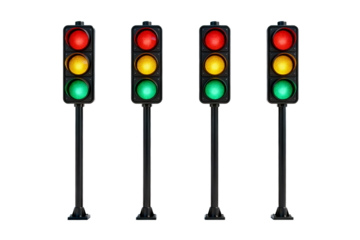 Four traffic lights with red, yellow, green signals