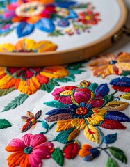 Intricate, colorful floral embroidery art in progress, showcasing layered textures and vibrant threads on white fabric