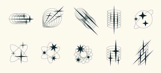 Bright starburst icons with glowing spark and glitter shine. Retro Y2K vector set with twinkle, glow, and magic light effects. Perfect for festive, abstract, or logo design themes. © Azat Valeev