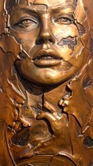 Intricate face sculpture. The bronze artwork shows an expression through textured layers and shadows