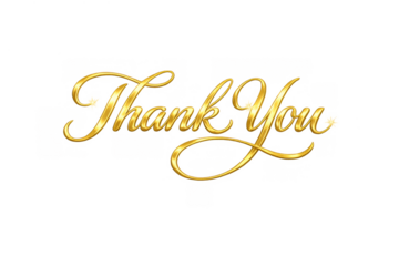 Golden thank you message expressing gratitude with elegant script lettering and sparkling metallic reflections on transparent background