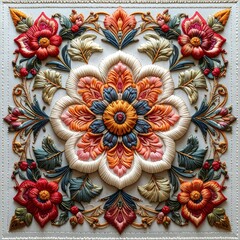 Intricate floral square relief, colorful petals, leaves, and stems arranged in a symmetrical, textured, ornate pattern