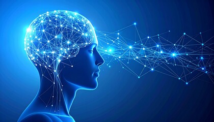 High-end vector illustration of artificial intelligence concept, human head silhouette with flowing data lines and neural connections, minimal futuristic design, blue and soft gradient tones, clean co