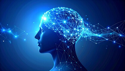 High-end vector illustration of artificial intelligence concept, human head silhouette with flowing data lines and neural connections, minimal futuristic design, blue and soft gradient tones, clean co