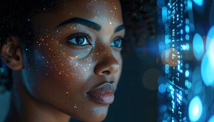 Photorealistic portrait of professional human face softly illuminated by abstract digital light patterns, AI concept without screens, calm confident expression, dark clean background, cinematic lighti