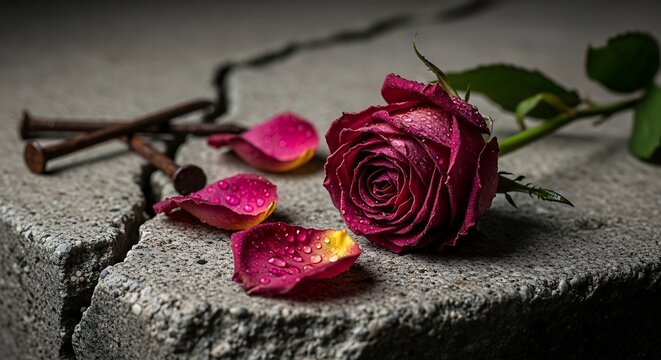 Rose and weathered nails on cracked concrete surface, emotional concept