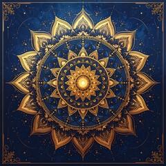 Intricate golden mandala on deep blue textured background, radiant center and geometric border