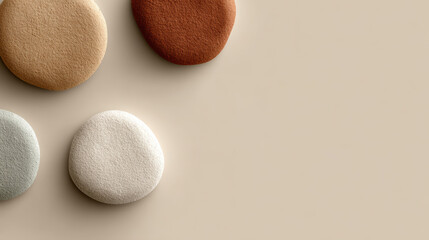 Organic shapes floating bottom left, earthy colors, solid background