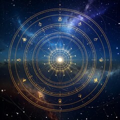 Intricate golden radial design on a celestial background, blending astrology & cosmos