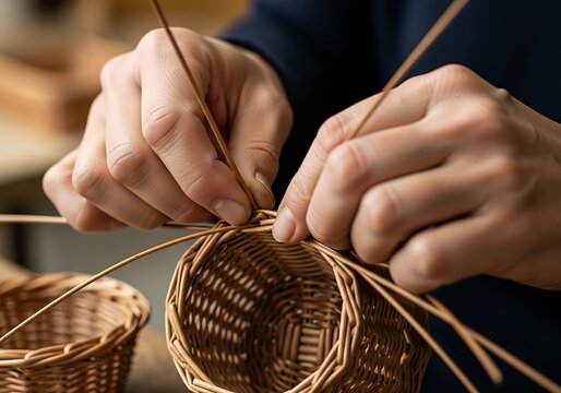 Detailed hands weaving a small willow basket with artistic mastery
