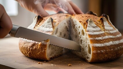 A fresh loaf of sourdough bread with a knife slicing steam escaping