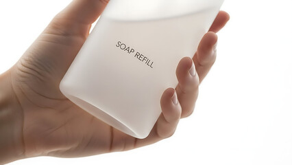 Close-up of a person's hand holding a translucent plastic bottle labeled 'SOAP REFILL', emphasizing eco-conscious hygiene practices and sustainable household living