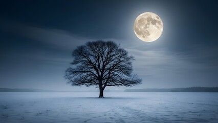 A lone tree in a snowy field under a full moon